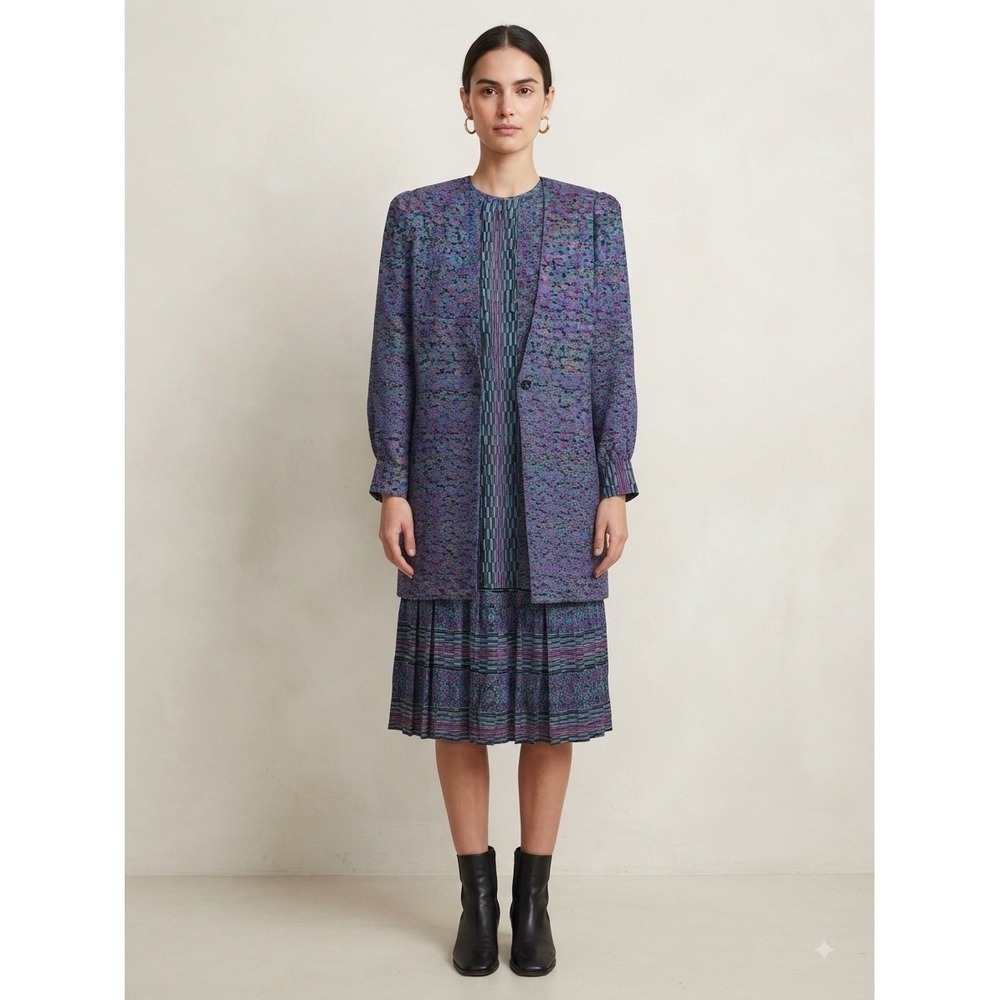 Rare UMI Collections Anne Crimmins Silk 2 Piece Set Dress Blazer Purple Teal 8